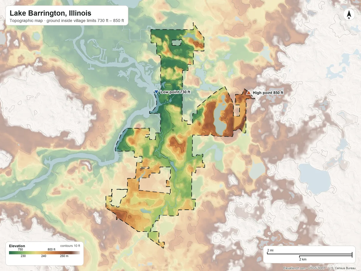 Topographic elevation map of Lake Barrington, Illinois, shaded from 730 ft on the northwest side to 850 ft on the northeast side
