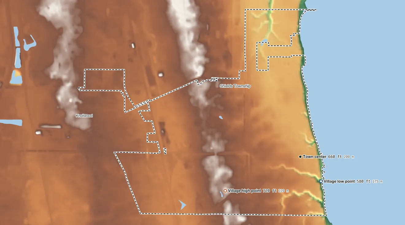 Topographic elevation map of Lake Bluff, Illinois, shaded from 580 ft near the middle to 720 ft on the southwest side