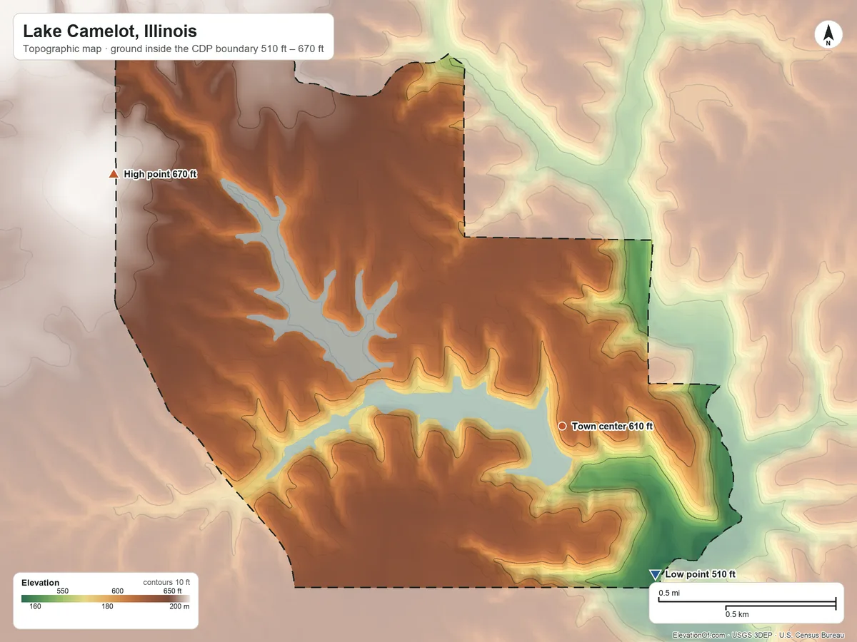 Topographic elevation map of Lake Camelot, Illinois, shaded from 510 ft on the southeast side to 670 ft on the northwest side