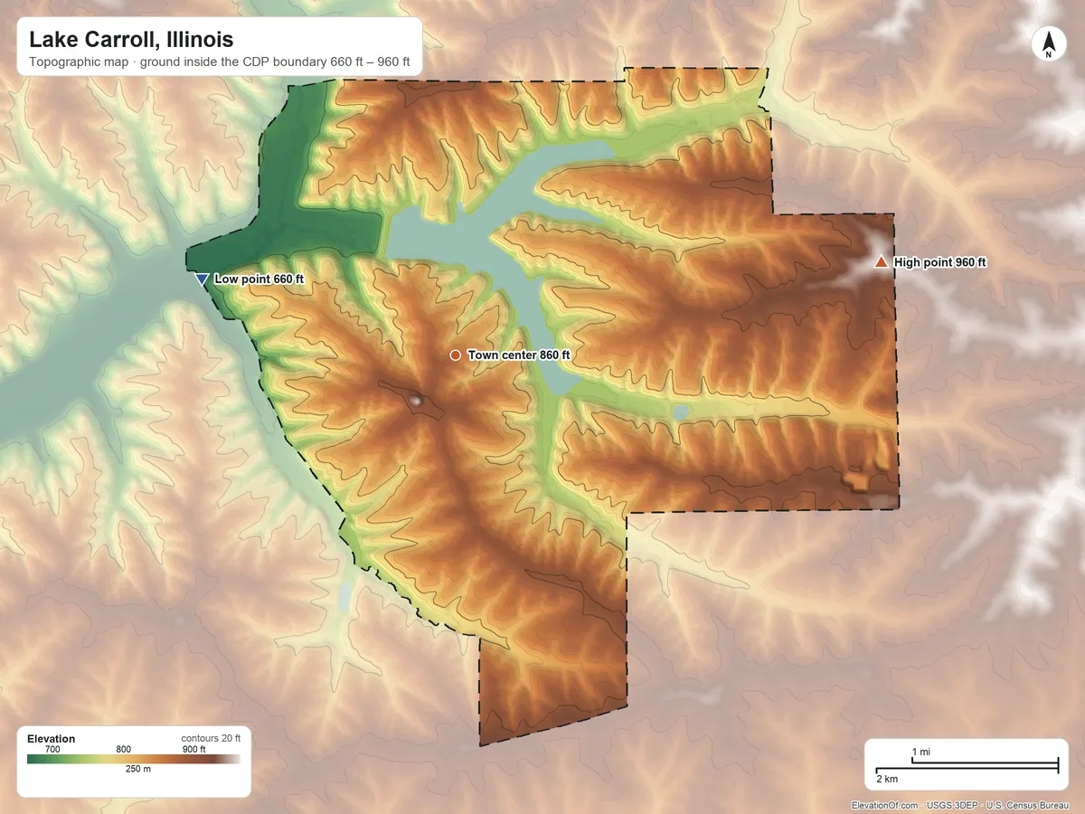 Topographic elevation map of Lake Carroll, Illinois, shaded from 660 ft on the west side to 960 ft on the east side