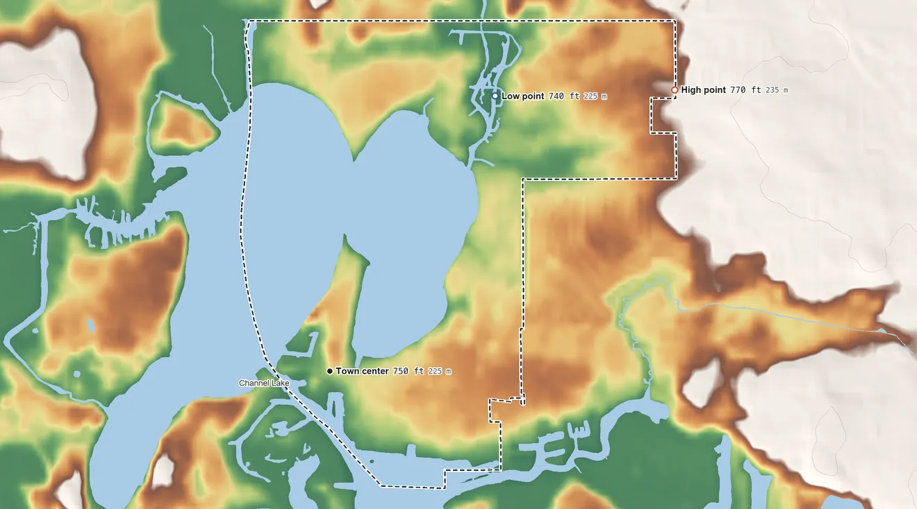 Topographic elevation map of Lake Catherine, Illinois, shaded from 740 ft on the northeast side to 770 ft on the northeast side