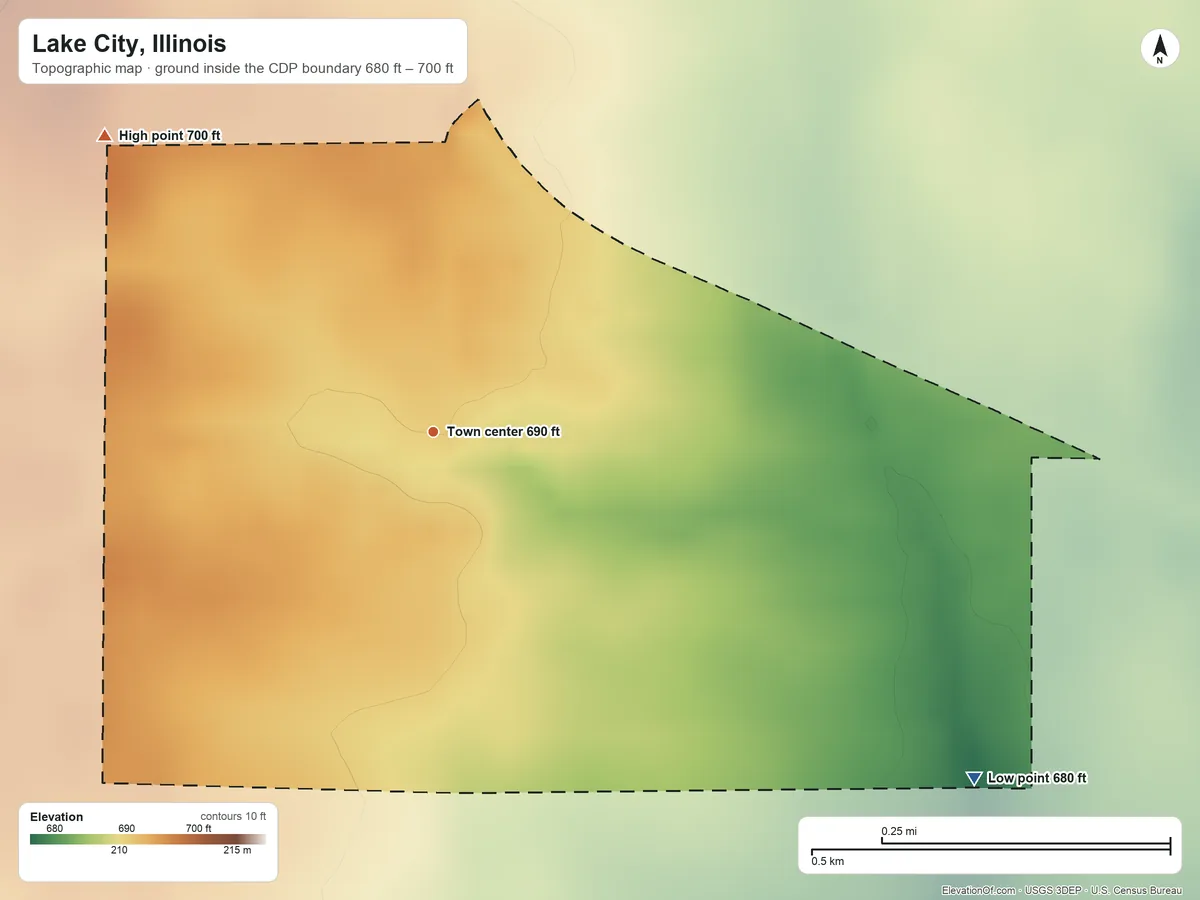 Topographic elevation map of Lake City, Illinois, shaded from 680 ft on the southeast side to 700 ft on the northwest side
