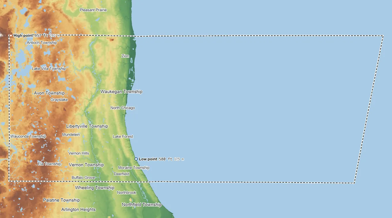 Topographic elevation map of Lake County, Illinois, shaded from 580 ft on the southwest side to 957 ft on Gander Mountain