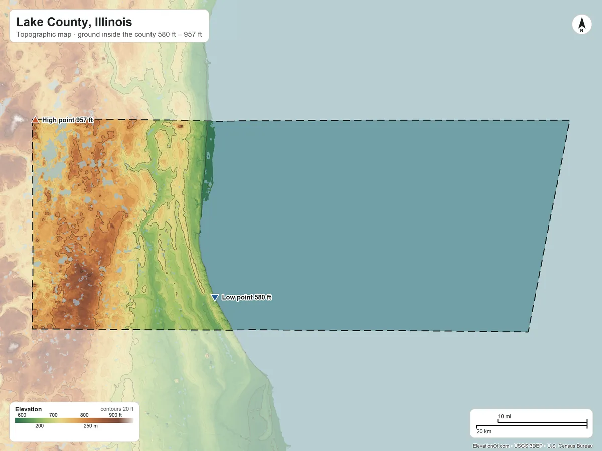 Topographic elevation map of Lake County, Illinois, shaded from 580 ft on the southwest side to 957 ft on Gander Mountain