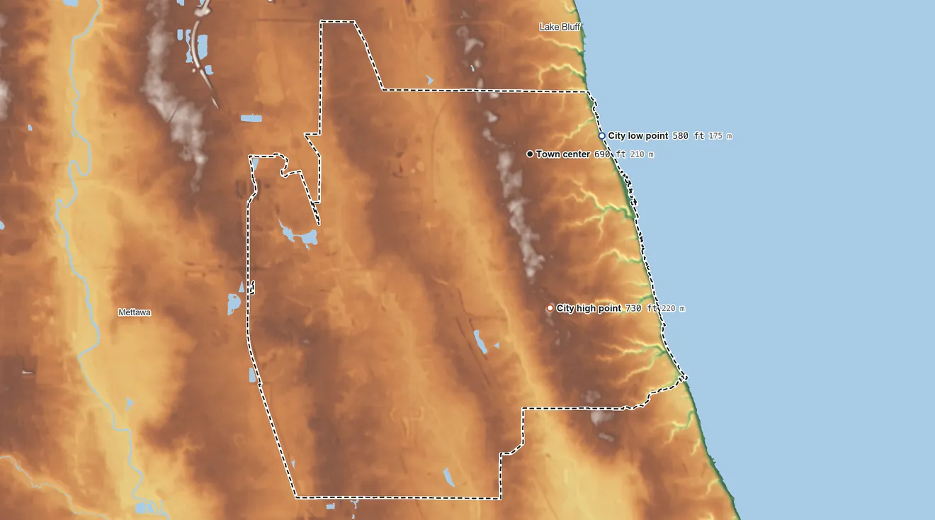 Topographic elevation map of Lake Forest, Illinois, shaded from 580 ft on the east side to 730 ft on the south side
