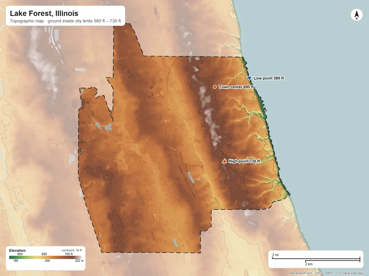 Topographic elevation map of Lake Forest, Illinois, shaded from 580 ft on the east side to 730 ft on the south side