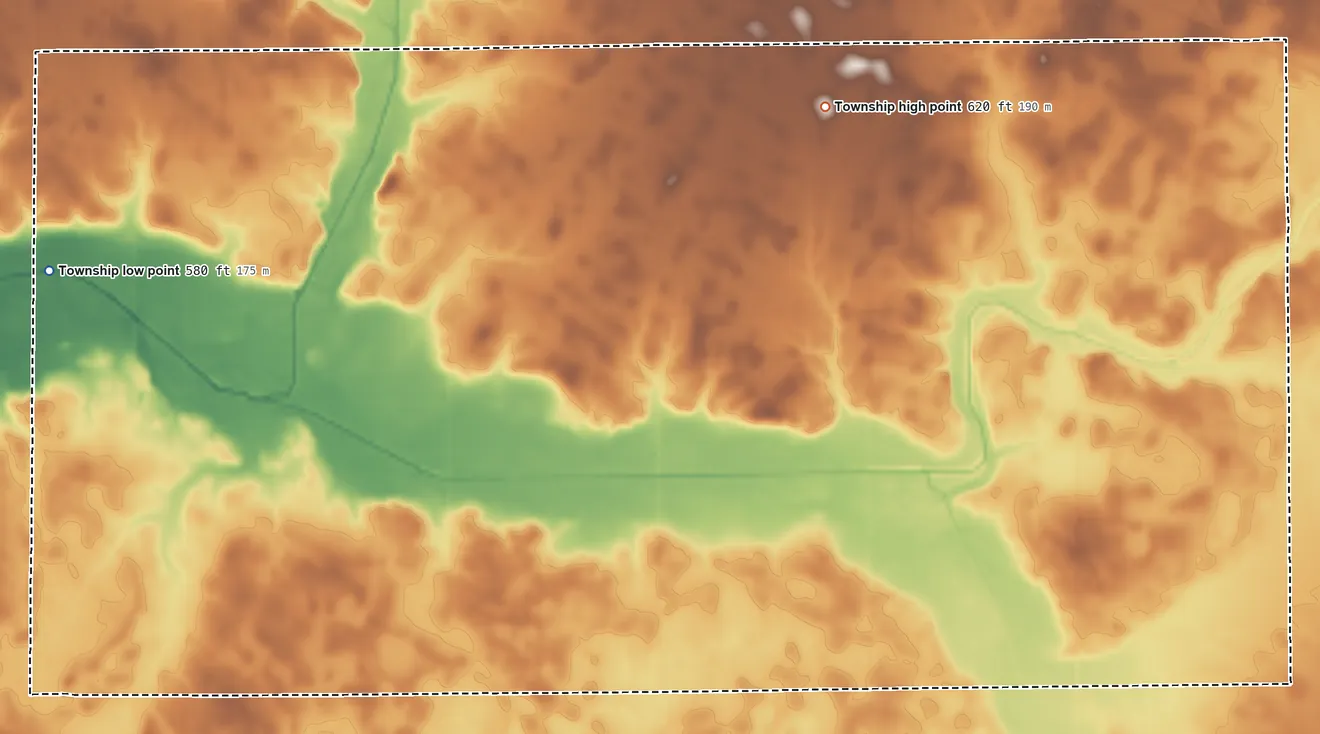 Topographic elevation map of Lake Fork Township, Illinois, shaded from 580 ft on the west side to 620 ft on the northeast side