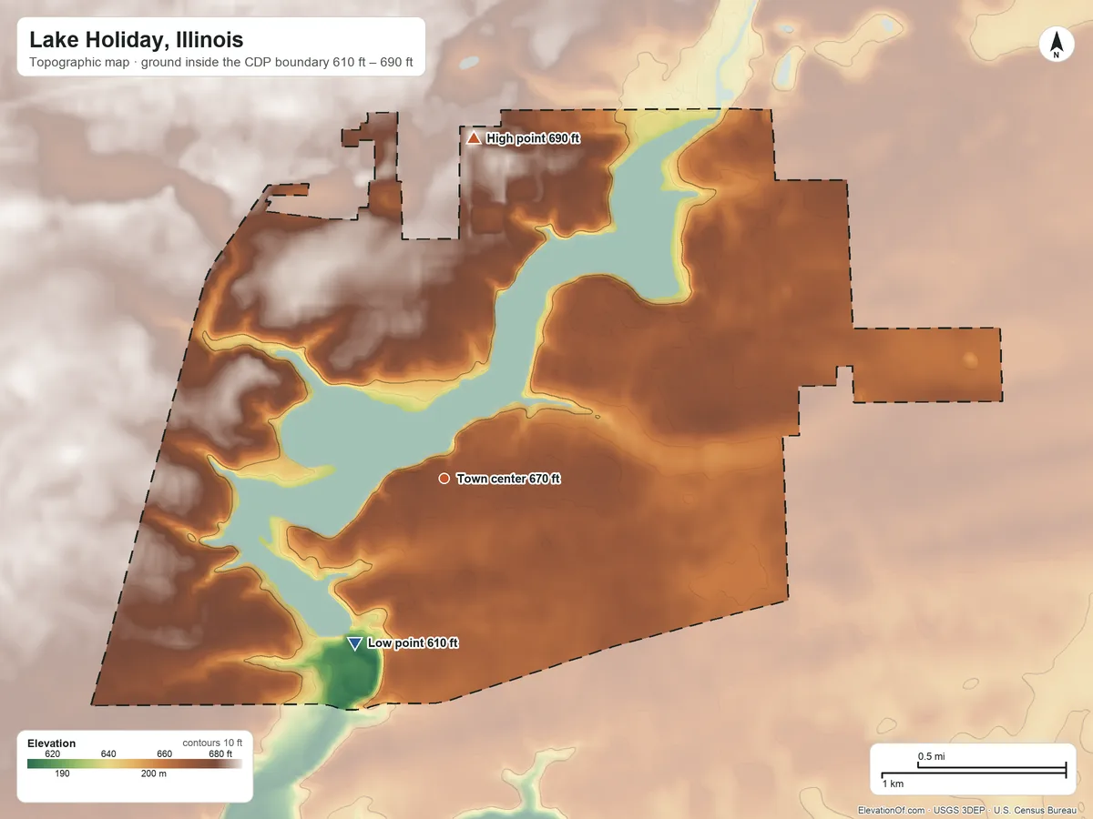 Topographic elevation map of Lake Holiday, Illinois, shaded from 610 ft on the southwest side to 690 ft on the north side