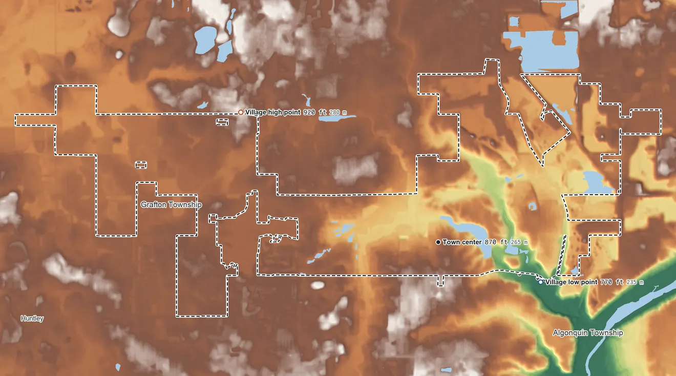 Topographic elevation map of Lake in the Hills, Illinois, shaded from 770 ft on the east side to 920 ft on the northwest side