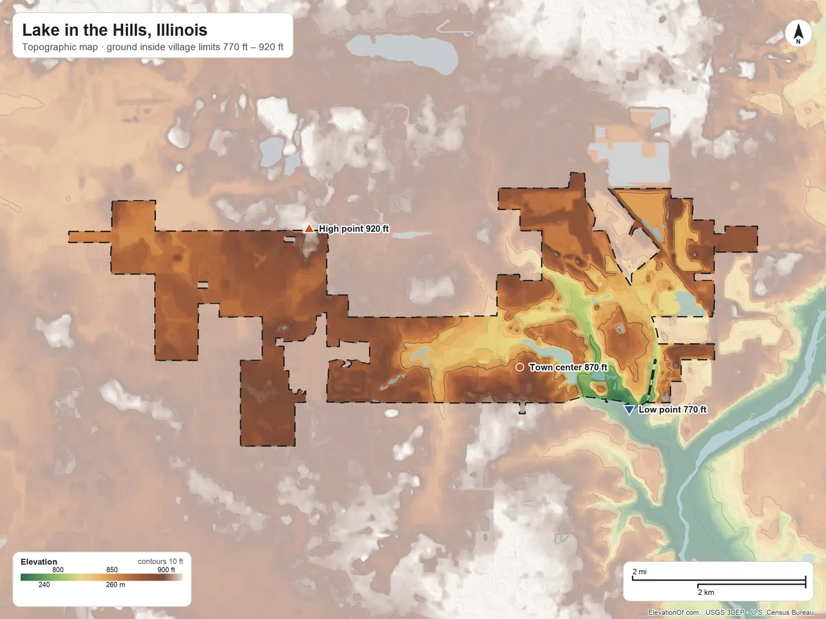 Topographic elevation map of Lake in the Hills, Illinois, shaded from 770 ft on the east side to 920 ft on the northwest side