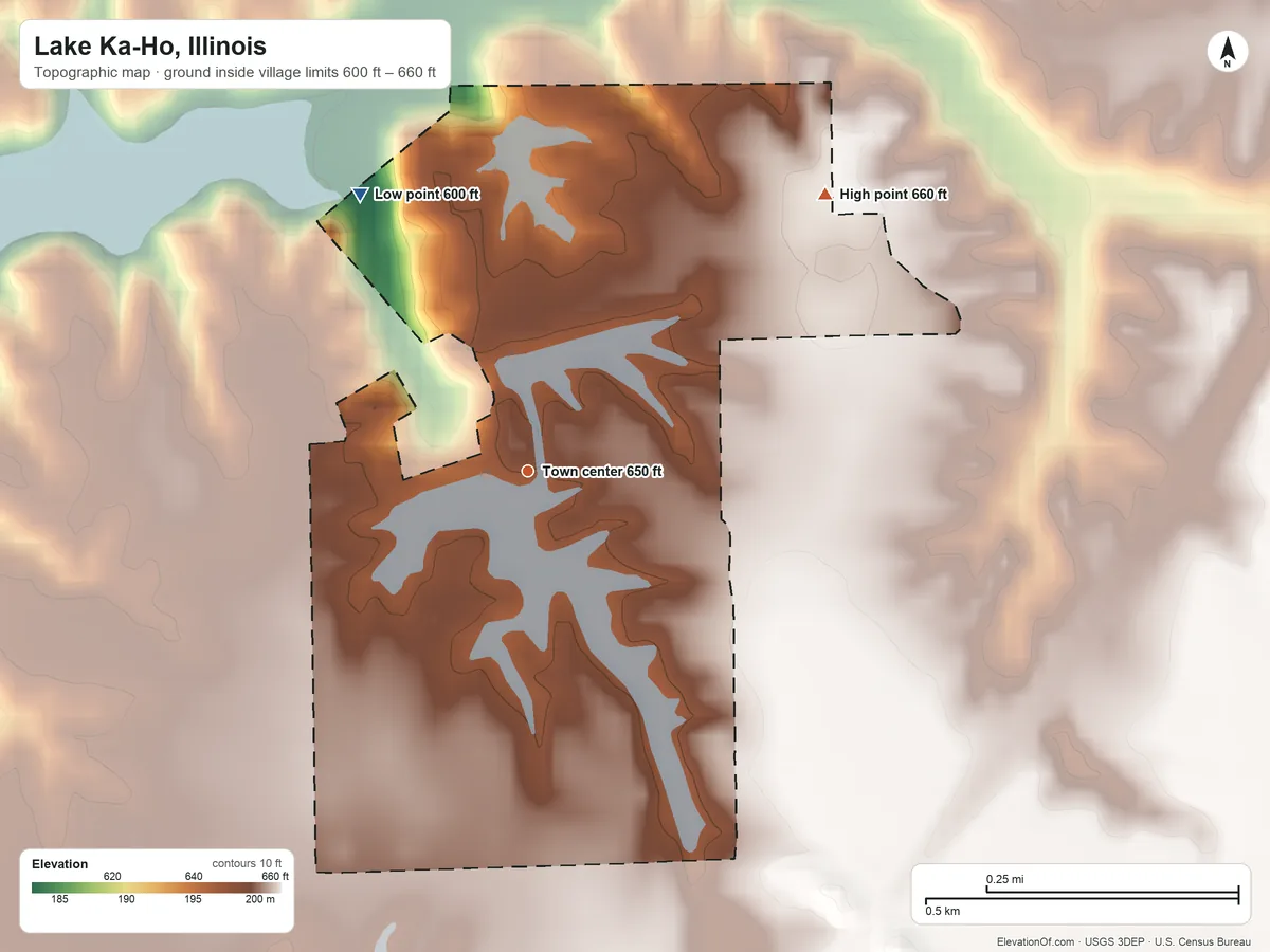 Topographic elevation map of Lake Ka-Ho, Illinois, shaded from 600 ft on the northwest side to 660 ft on the northeast side