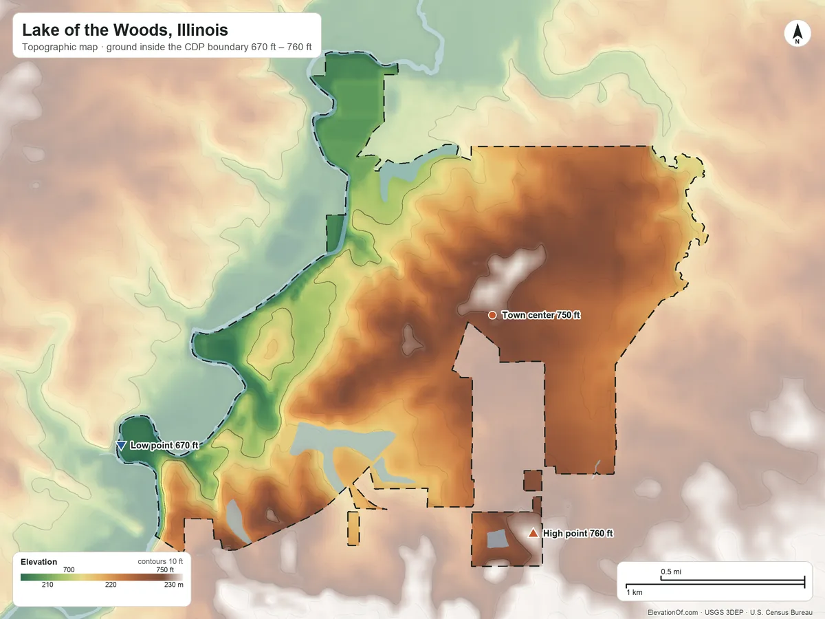 Topographic elevation map of Lake of the Woods, Illinois, shaded from 670 ft on the west side to 760 ft on the south side