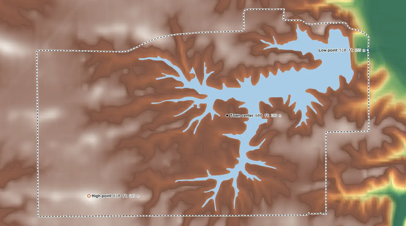 Topographic elevation map of Lake Petersburg, Illinois, shaded from 510 ft on the northeast side to 610 ft on the southwest side