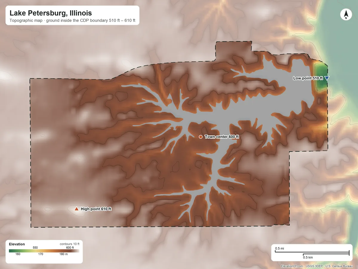 Topographic elevation map of Lake Petersburg, Illinois, shaded from 510 ft on the northeast side to 610 ft on the southwest side