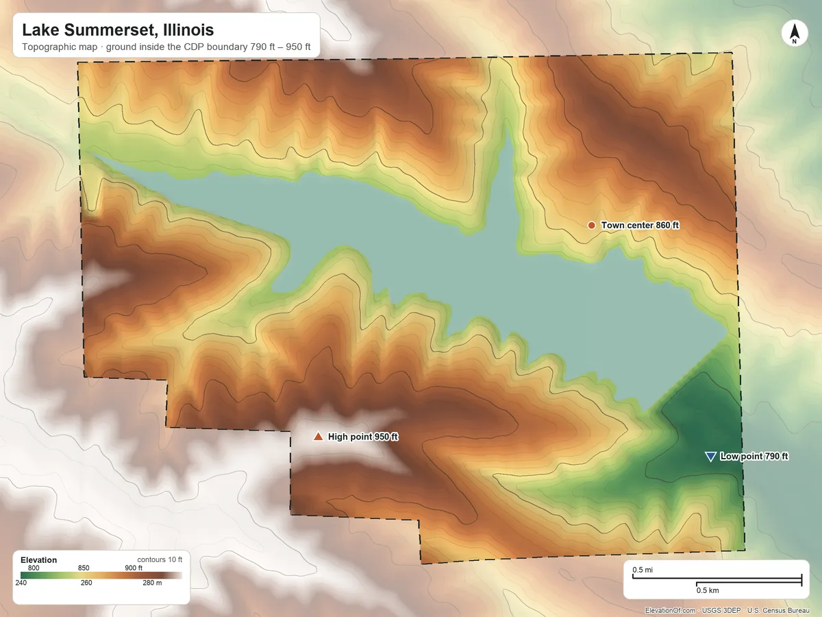 Topographic elevation map of Lake Summerset, Illinois, shaded from 790 ft on the southeast side to 950 ft on the southwest side