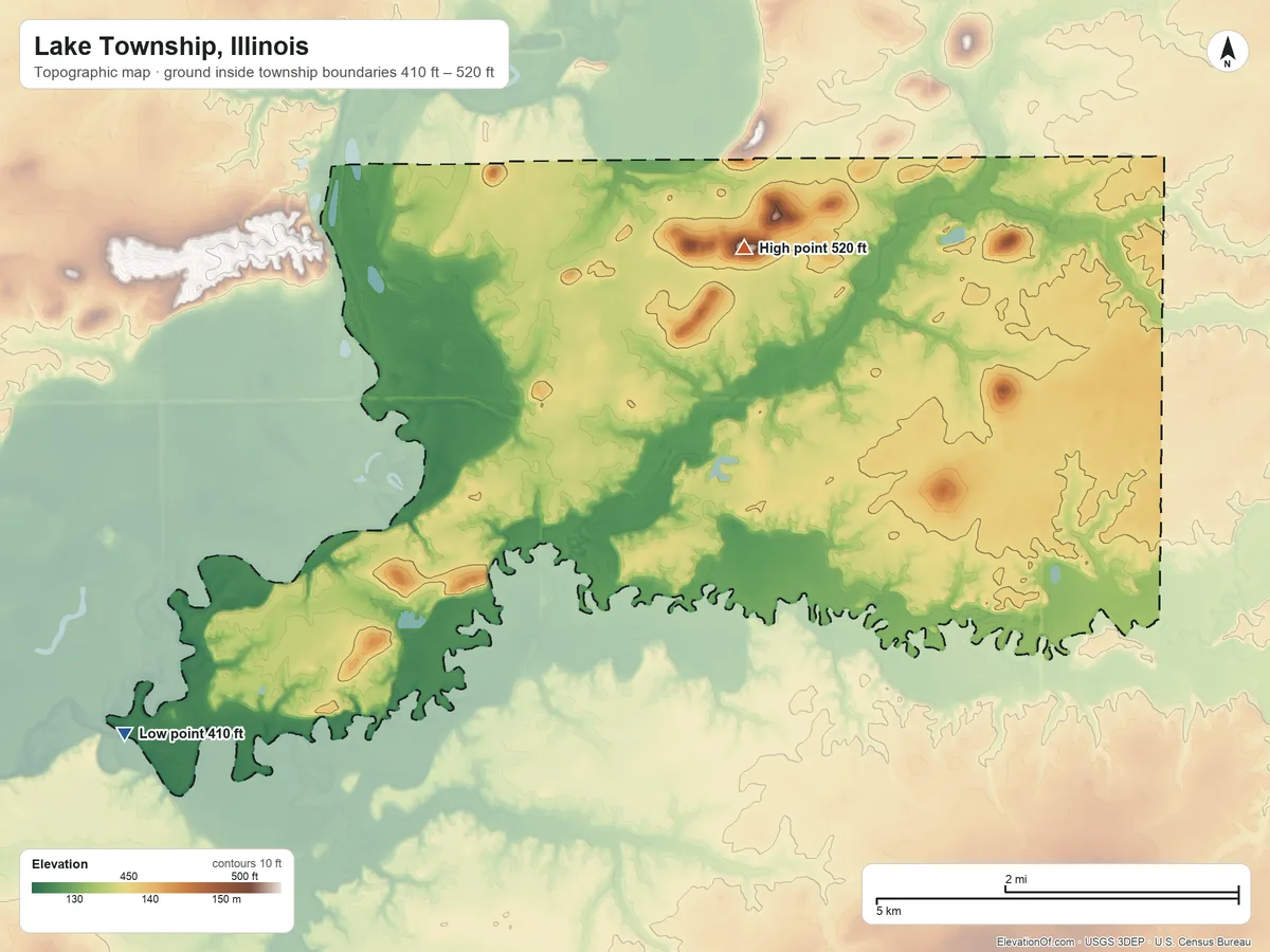 Topographic elevation map of Lake Township, Illinois, shaded from 410 ft on the west side to 520 ft on the northwest side
