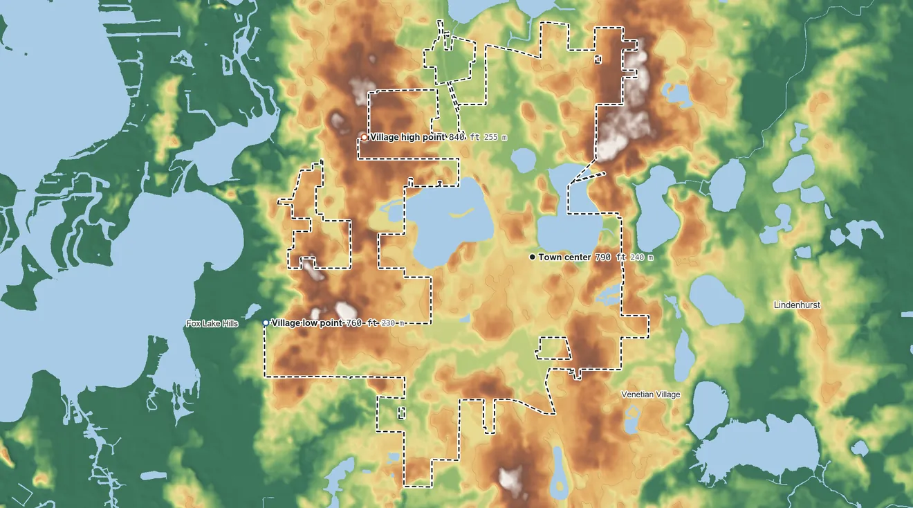 Topographic elevation map of Lake Villa, Illinois, shaded from 760 ft on the west side to 840 ft on the northwest side