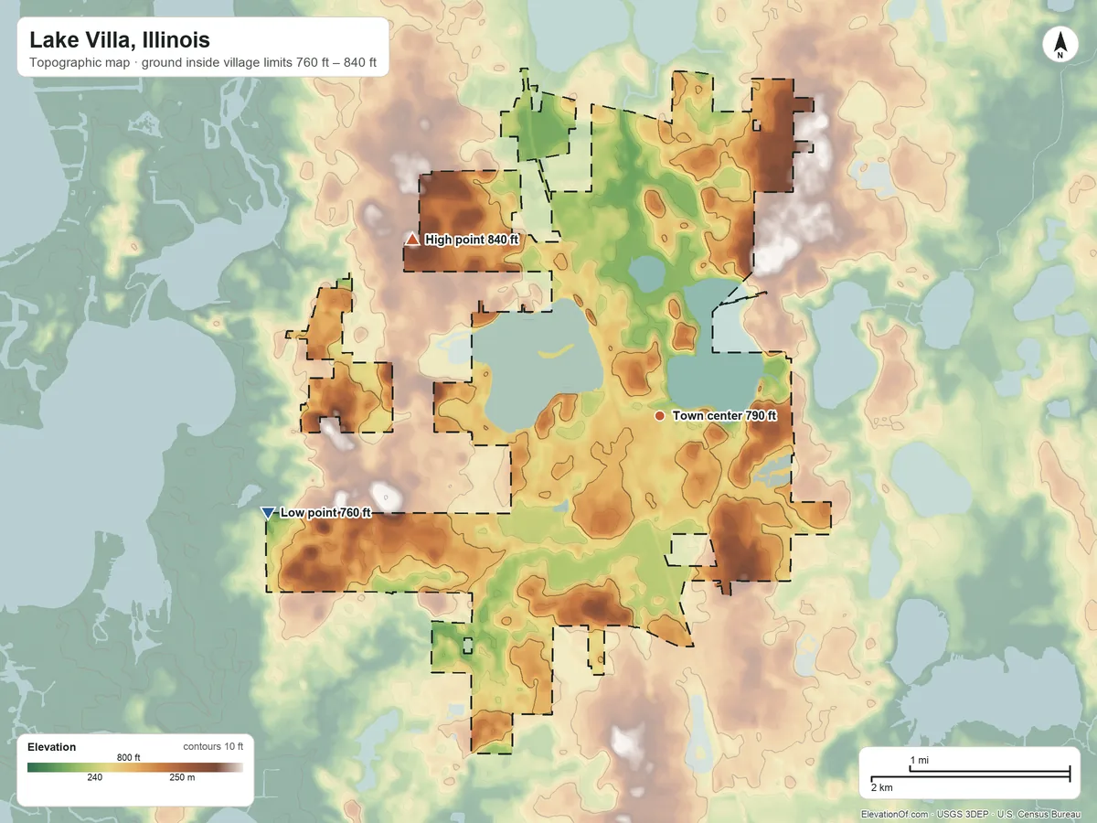 Topographic elevation map of Lake Villa, Illinois, shaded from 760 ft on the west side to 840 ft on the northwest side