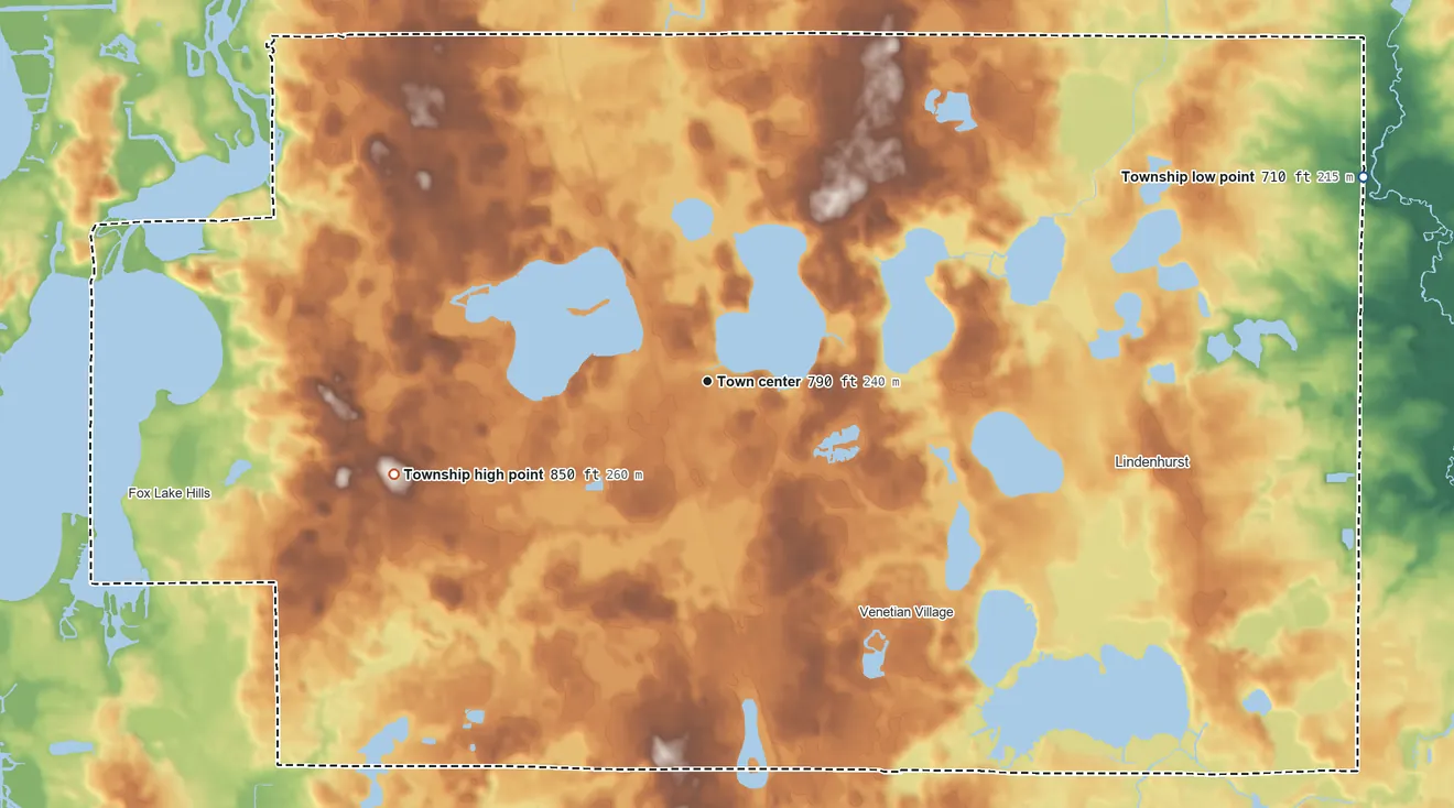 Topographic elevation map of Lake Villa Township, Illinois, shaded from 710 ft on the east side to 850 ft on the west side