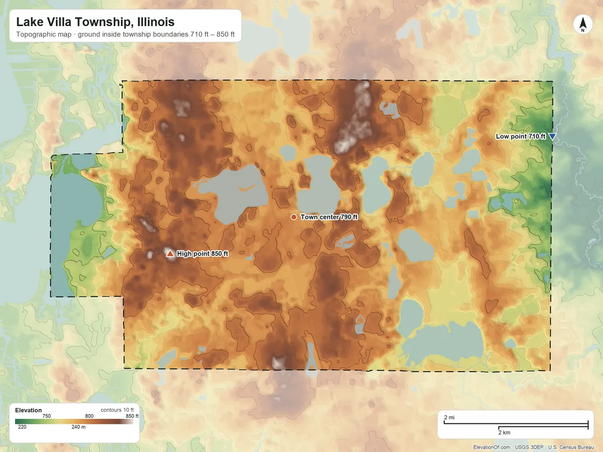 Topographic elevation map of Lake Villa Township, Illinois, shaded from 710 ft on the east side to 850 ft on the west side