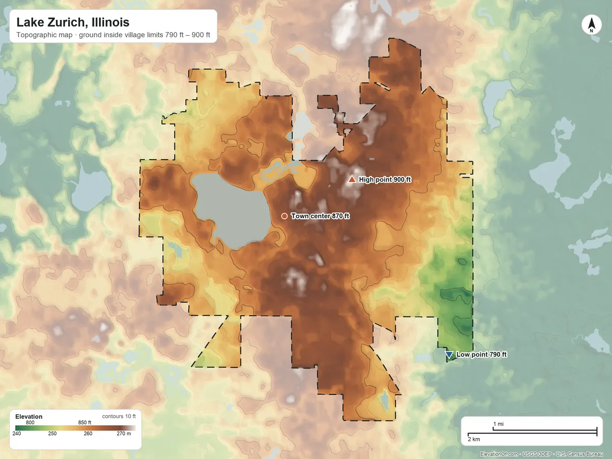 Topographic elevation map of Lake Zurich, Illinois, shaded from 790 ft on the southeast side to 900 ft on the northeast side