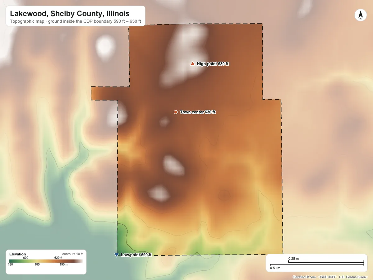 Topographic elevation map of Lakewood, Shelby County, Illinois, shaded from 590 ft on the southwest side to 630 ft on the north side