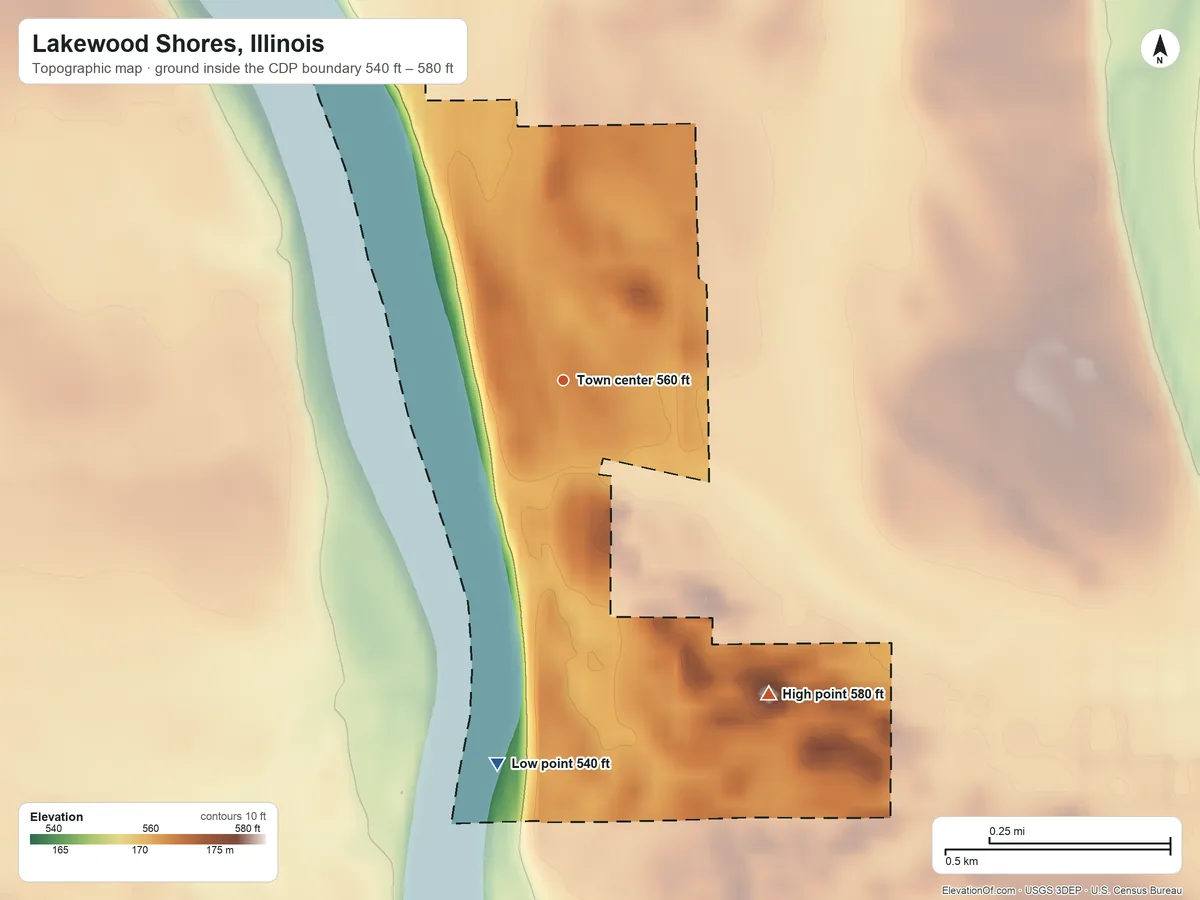 Topographic elevation map of Lakewood Shores, Illinois, shaded from 540 ft on the south side to 580 ft on the southeast side