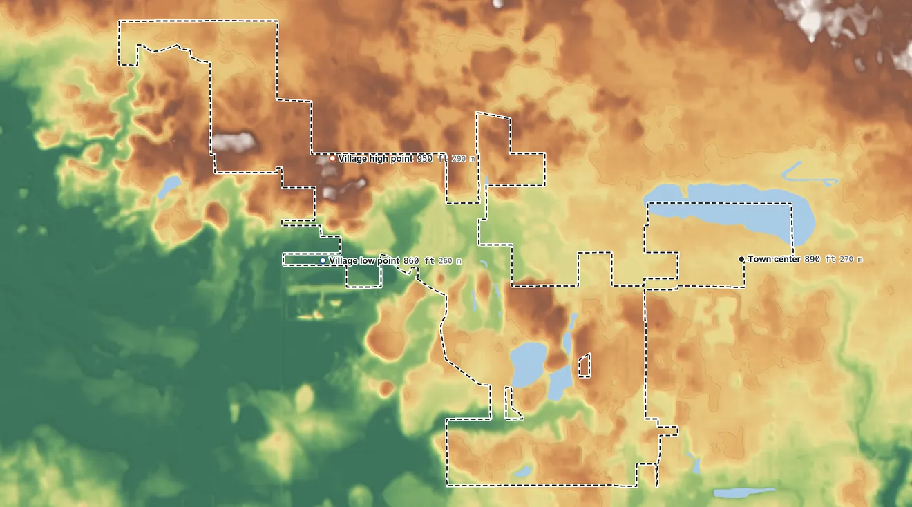 Topographic elevation map of Lakewood, Illinois, shaded from 860 ft on the west side to 950 ft on the west side