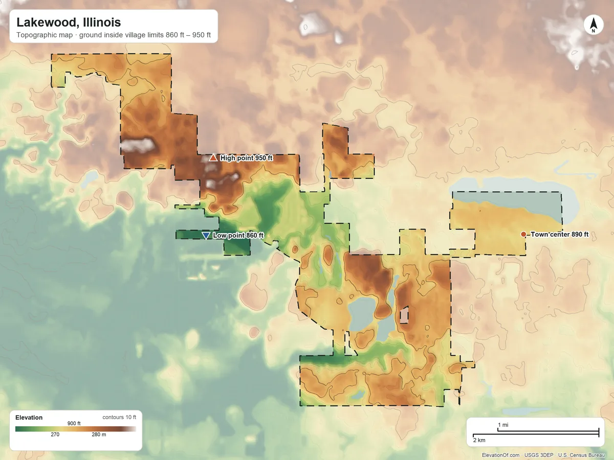 Topographic elevation map of Lakewood, Illinois, shaded from 860 ft on the west side to 950 ft on the west side