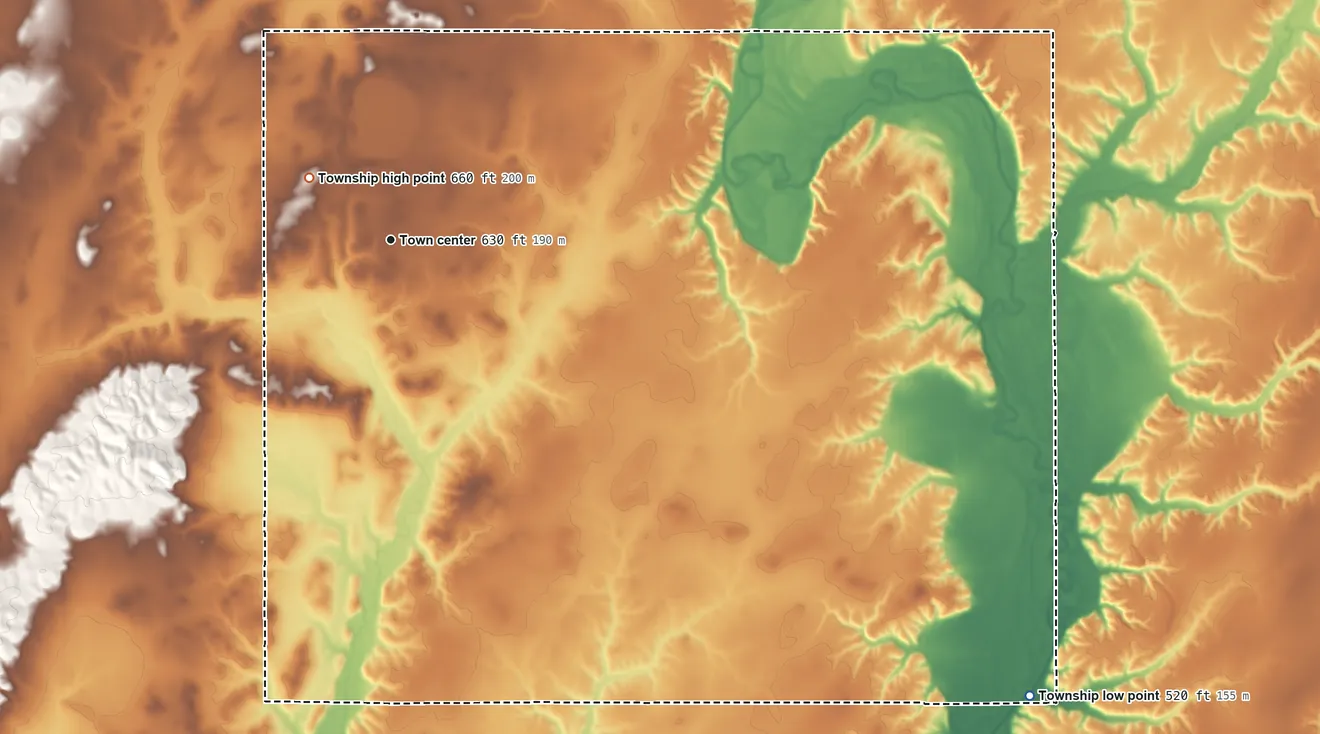 Topographic elevation map of Lakewood Township, Illinois, shaded from 520 ft on the southeast side to 660 ft near the middle