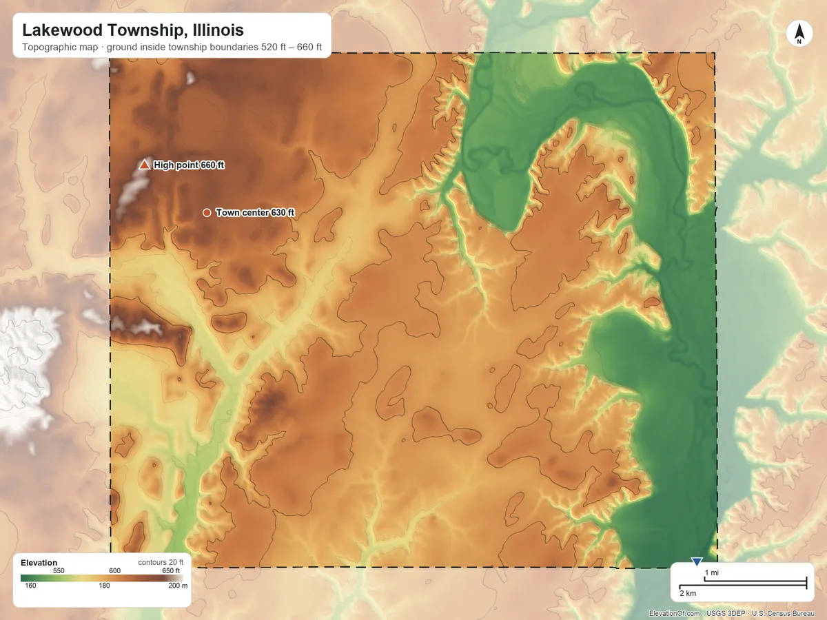 Topographic elevation map of Lakewood Township, Illinois, shaded from 520 ft on the southeast side to 660 ft near the middle
