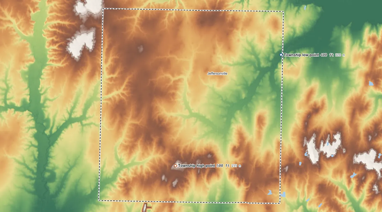 Topographic elevation map of Lamard Township, Illinois, shaded from 400 ft on the northeast side to 500 ft on the southwest side