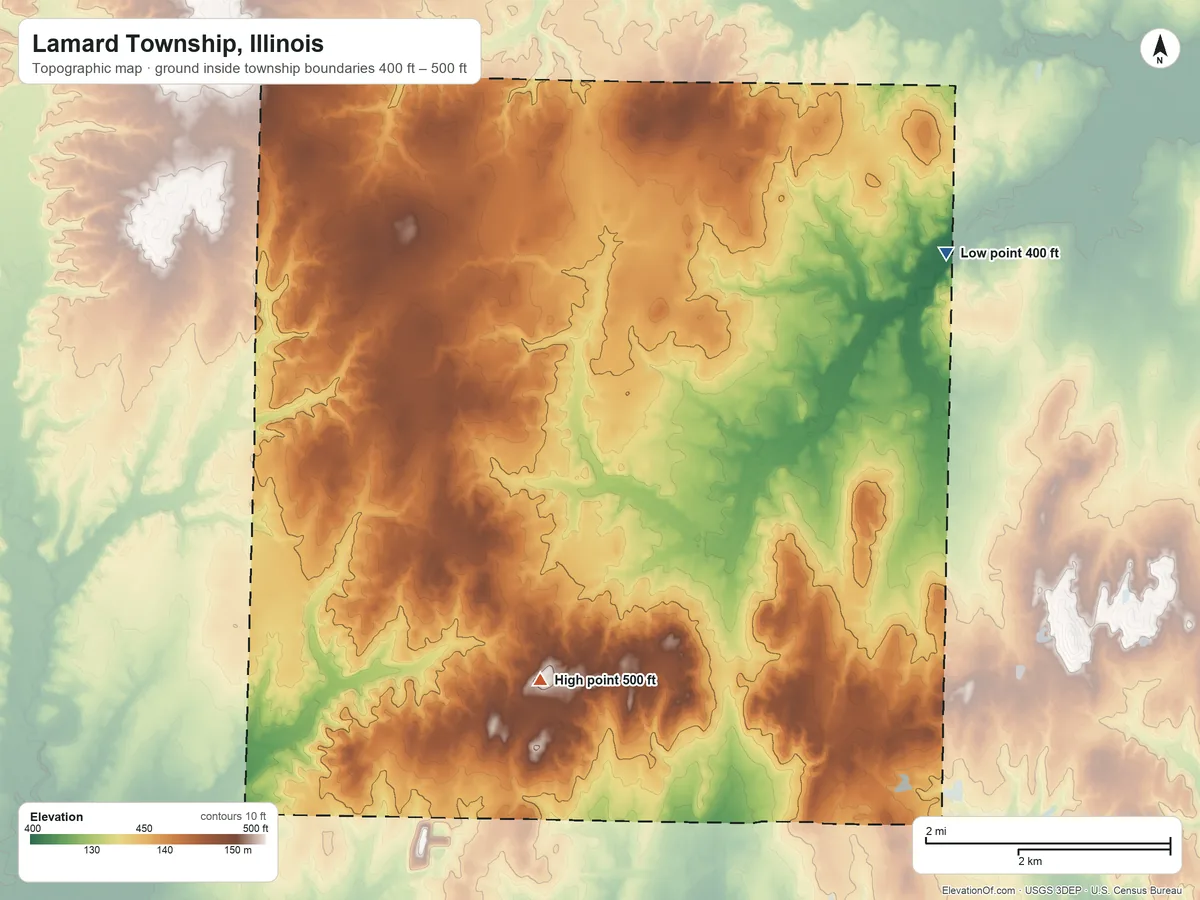Topographic elevation map of Lamard Township, Illinois, shaded from 400 ft on the northeast side to 500 ft on the southwest side