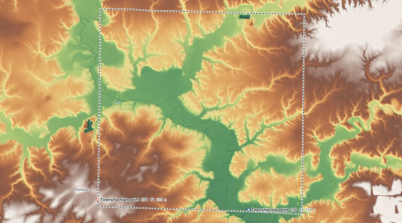 Topographic elevation map of Lamoine Township, Illinois, shaded from 490 ft on the south side to 650 ft on the southwest side