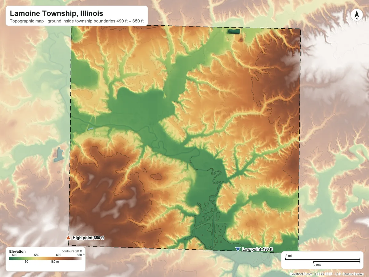 Topographic elevation map of Lamoine Township, Illinois, shaded from 490 ft on the south side to 650 ft on the southwest side