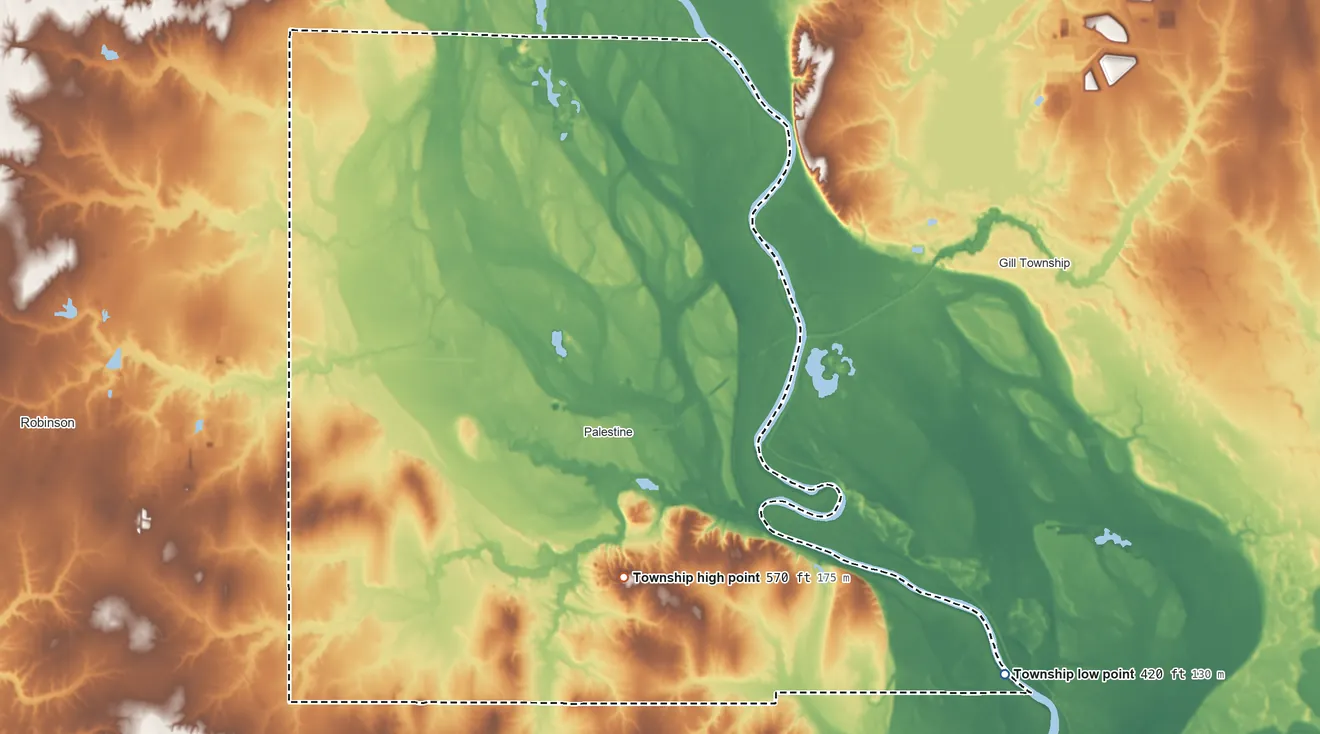 Topographic elevation map of Lamotte Township, Illinois, shaded from 420 ft on the southeast side to 570 ft on the south side