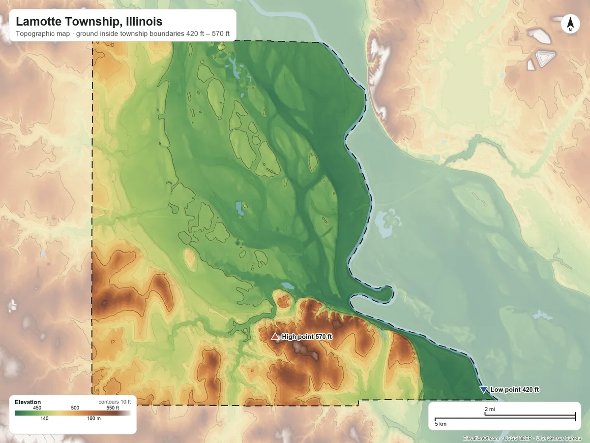 Topographic elevation map of Lamotte Township, Illinois, shaded from 420 ft on the southeast side to 570 ft on the south side