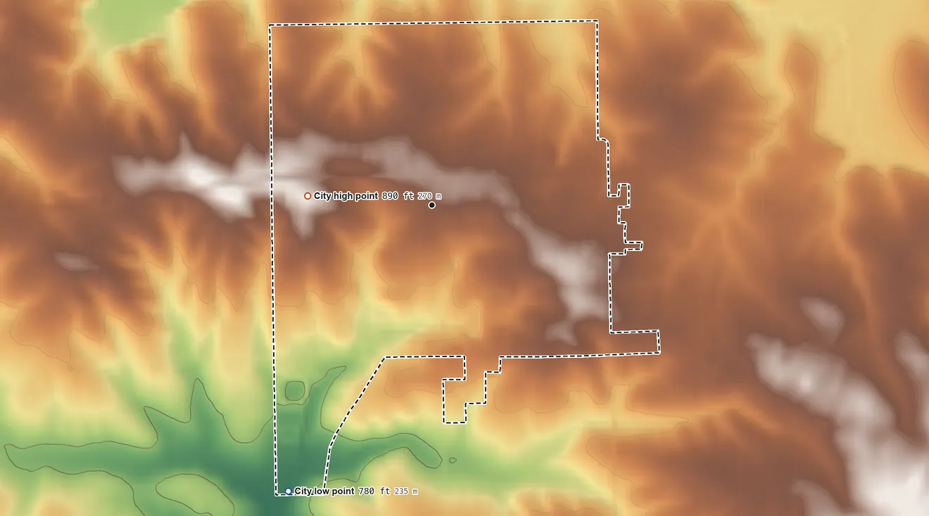 Topographic elevation map of Lanark, Illinois, shaded from 780 ft on the southwest side to 890 ft on the west side