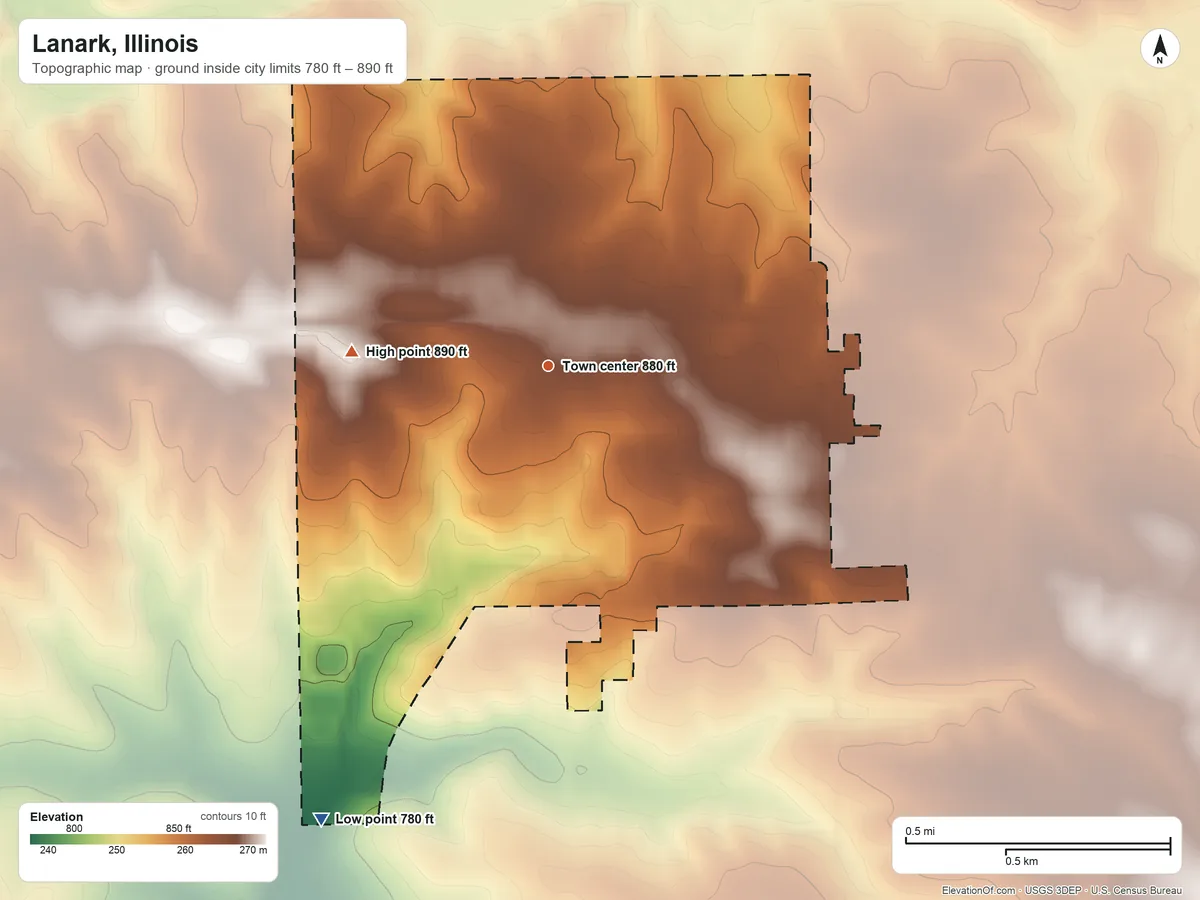 Topographic elevation map of Lanark, Illinois, shaded from 780 ft on the southwest side to 890 ft on the west side