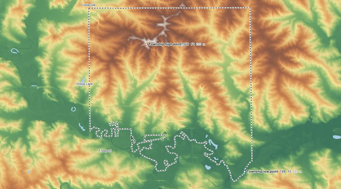 Topographic elevation map of Lancaster Township, Illinois, shaded from 740 ft on the southeast side to 960 ft on the north side
