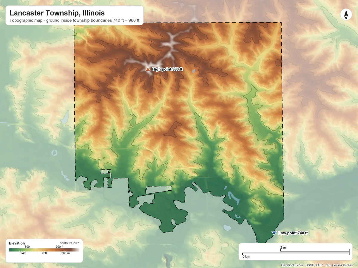 Topographic elevation map of Lancaster Township, Illinois, shaded from 740 ft on the southeast side to 960 ft on the north side