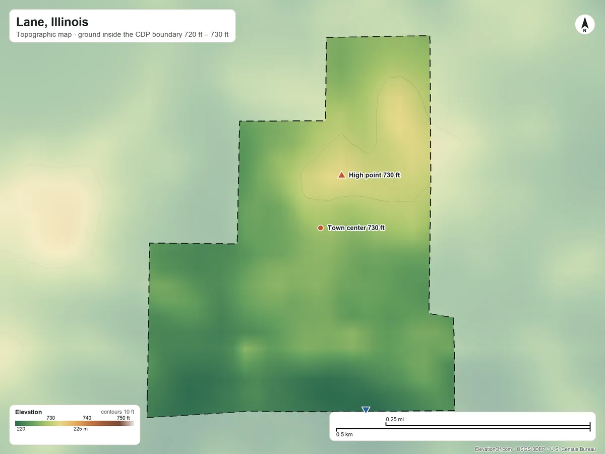 Topographic elevation map of Lane, Illinois, shaded from 720 ft on the south side to 730 ft on the north side