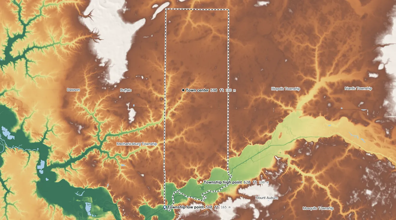 Topographic elevation map of Lanesville Township, Illinois, shaded from 540 ft on the south side to 620 ft on the south side