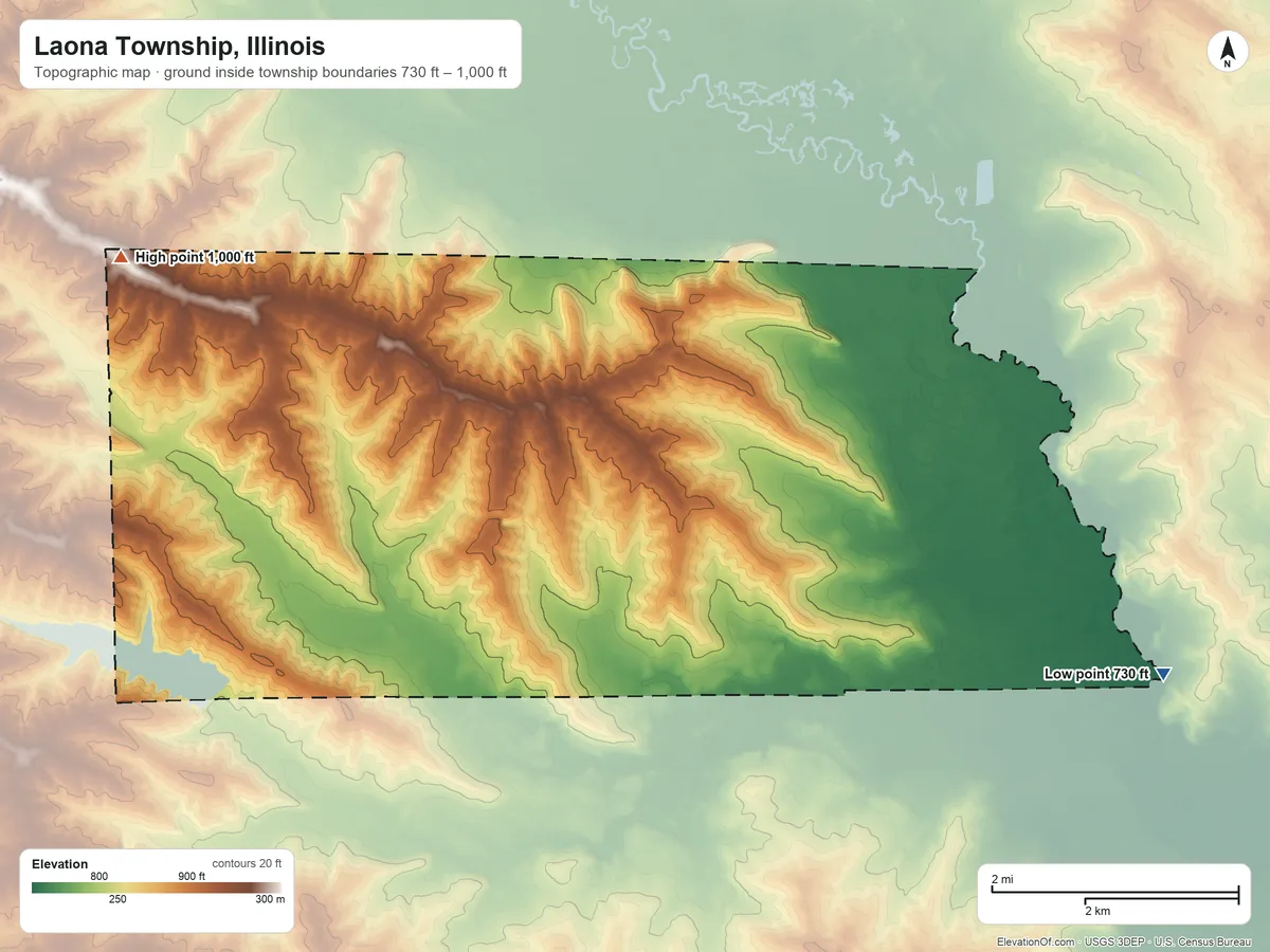 Topographic elevation map of Laona Township, Illinois, shaded from 730 ft on the east side to 1,000 ft on the northwest side