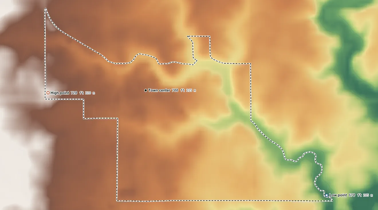 Topographic elevation map of LaPlace, Illinois, shaded from 670 ft on the southeast side to 720 ft on the west side