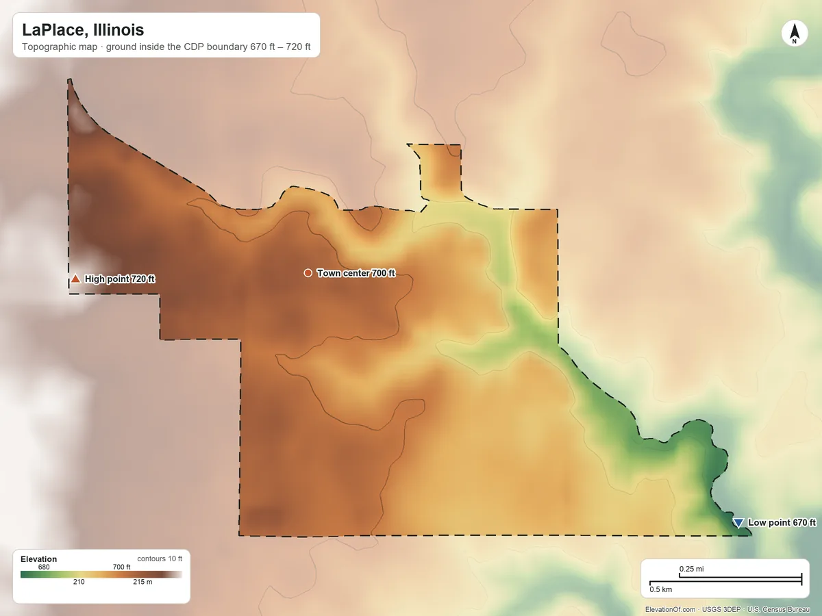 Topographic elevation map of LaPlace, Illinois, shaded from 670 ft on the southeast side to 720 ft on the west side