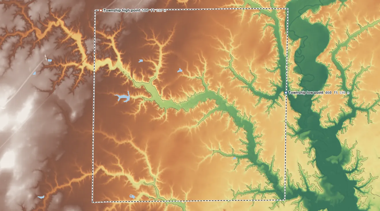 Topographic elevation map of Larkinsburg Township, Illinois, shaded from 460 ft on the east side to 580 ft on the northwest side