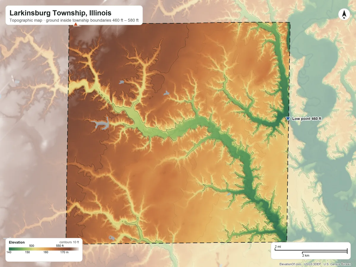 Topographic elevation map of Larkinsburg Township, Illinois, shaded from 460 ft on the east side to 580 ft on the northwest side