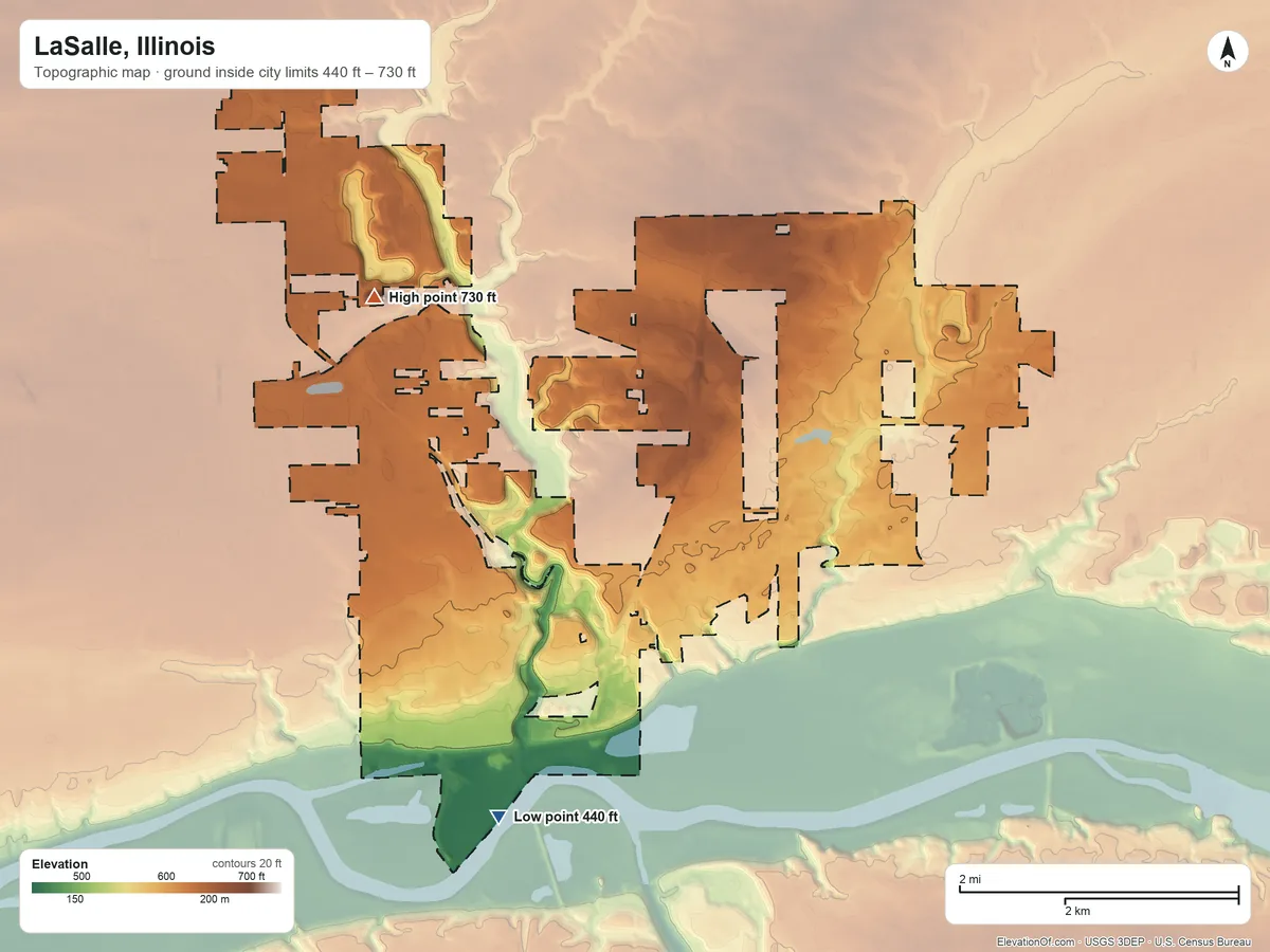 Topographic elevation map of LaSalle, Illinois, shaded from 440 ft on the south side to 730 ft on the north side