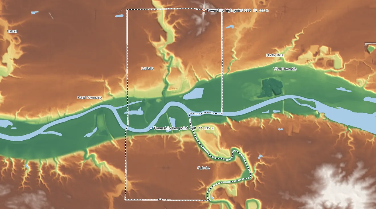 Topographic elevation map of LaSalle Township, Illinois, shaded from 440 ft on the south side to 690 ft on the northeast side